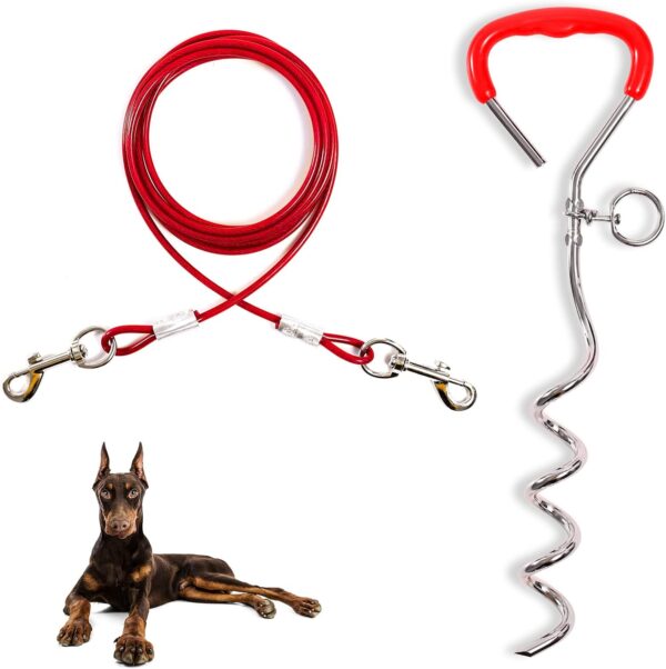 JETOP Heavy Duty Dog Stake & 10 ft Dog Chains, Steel Spiral Ground Dog Spike for Outdoor Yard and Camping, Dog Camping Accessories for Puppy Pet and Medium Dogs (176 lbs of pull) (Red)