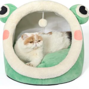 Jiupety Cute Cat Bed, Indoor Lovely Crystal Velvet Igloo for Cat and Small Dog, Warm Cave Sleeping Nest Bed for Puppy and Kitten, Green Frog, L.