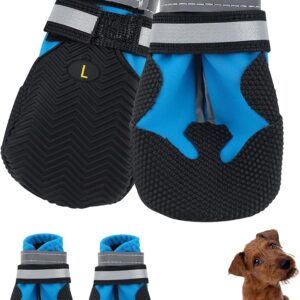 Jodsen Dog Boots, Set of 4 Waterproof Dog Shoes with Reflective Straps Anti-Slip Sole Outdoor Paw Protectors Dog Shoes for Small Medium Dogs Autumn Winter, Blue (L)