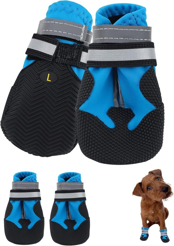 Jodsen Dog Boots, Set of 4 Waterproof Dog Shoes with Reflective Straps Anti-Slip Sole Outdoor Paw Protectors Dog Shoes for Small Medium Dogs Autumn Winter, Blue (L)