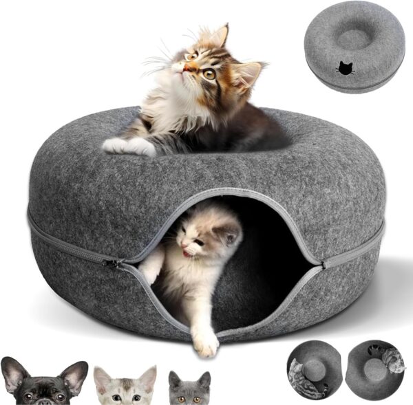 KunpengZen Cat Tunnel, Fun Hiding Tent Cat Tunnels for Indoor Cats, Zipper Design Felt Cat Donut Cave Dog Tunnel Bed 50cm for Small Pets Up to 4 kg, Kittens, Rabbit, Small Dogs (Dark Grey)