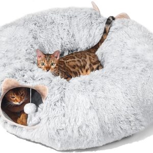 LUKITO Cat Tunnel, Cat Toy for Indoor Cats, Soft Donut Cat Bed, Large Cat Tunnel with Two Entrances Cat Cave, Suitable for Kittens, Medium Cats, Large Cats, Rabbits (Grey)