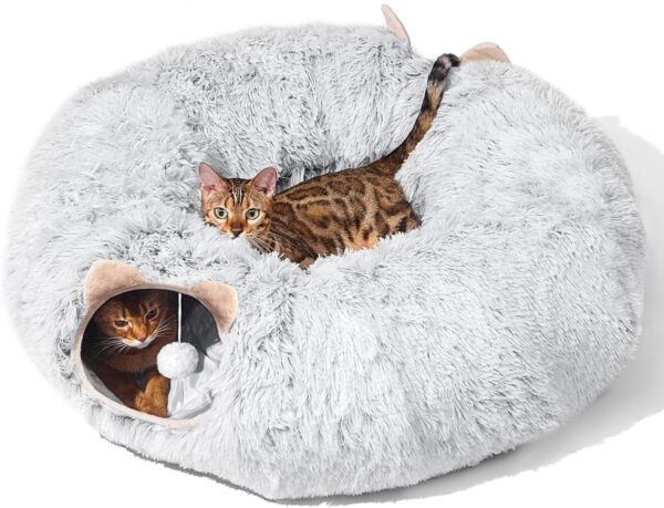 LUKITO Cat Tunnel, Cat Toy for Indoor Cats, Soft Donut Cat Bed, Large Cat Tunnel with Two Entrances Cat Cave, Suitable for Kittens, Medium Cats, Large Cats, Rabbits (Grey)