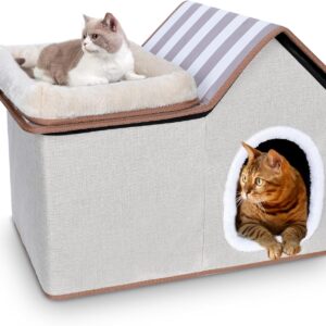 MASTERTOP Cat House, 2 Tiers Pet Cave with Detachable Lid and Washable Cushions, Cozy Cat Condo Hideaway Cat Kennel Furniture for Indoor Cats Kittens Small Dogs Pets - Beige, 57 * 38.5 * 40cm