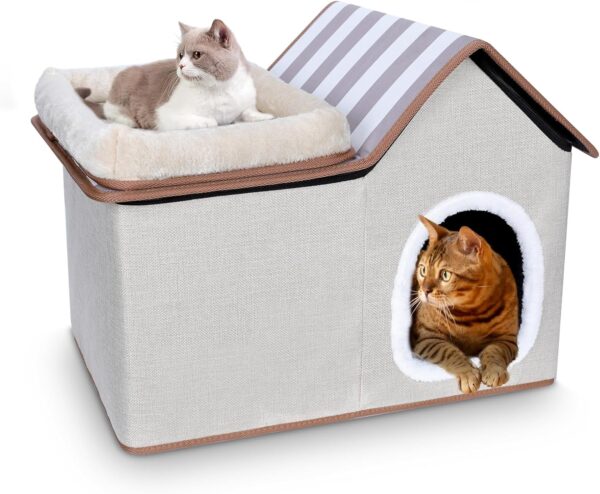 MASTERTOP Cat House, 2 Tiers Pet Cave with Detachable Lid and Washable Cushions, Cozy Cat Condo Hideaway Cat Kennel Furniture for Indoor Cats Kittens Small Dogs Pets - Beige, 57 * 38.5 * 40cm