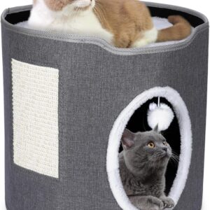 MASTERTOP Cat House for Indoor Cat, Stackable Cat Cave with Fluffy Ball & Scratch Pad, Cozy Kitty House Cat Condo Hideaway for Kitty, Small Dogs, Small Pets - Grey