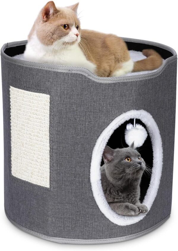 MASTERTOP Cat House for Indoor Cat, Stackable Cat Cave with Fluffy Ball & Scratch Pad, Cozy Kitty House Cat Condo Hideaway for Kitty, Small Dogs, Small Pets - Grey