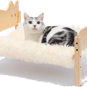 MEWOOFUN Elevated Cat Bed Hammock, Wooden Raised Cat House Bed with Removable Soft Plush Cover for Indoor Cats, 55x41x30cm Stackable Pet Bunk Bed Couch Furniture for Kittens Resting (Plush Beige)