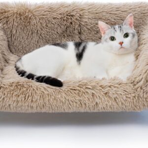 MEWOOFUN Large Cat Bed Sturdy Wooden Leg Raised Cat Sofa Bed Kitten Bed for Indoor Cats - Soft Cat Couch with Removable Cover Hold up 15kg, 56x45cm Brown