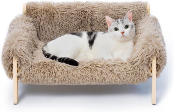 MEWOOFUN Large Cat Bed Sturdy Wooden Leg Raised Cat Sofa Bed Kitten Bed for Indoor Cats - Soft Cat Couch with Removable Cover Hold up 15kg, 56x45cm Brown