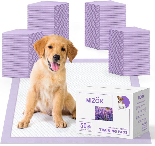 MIZOK Puppy Pads 60x60cm Puppy Training Pads Lavender Scented Odor Control Dog Pads 6 Layers Leak-Proof Dog Training Pads with Standard Absorption Capacity (50 Counts)