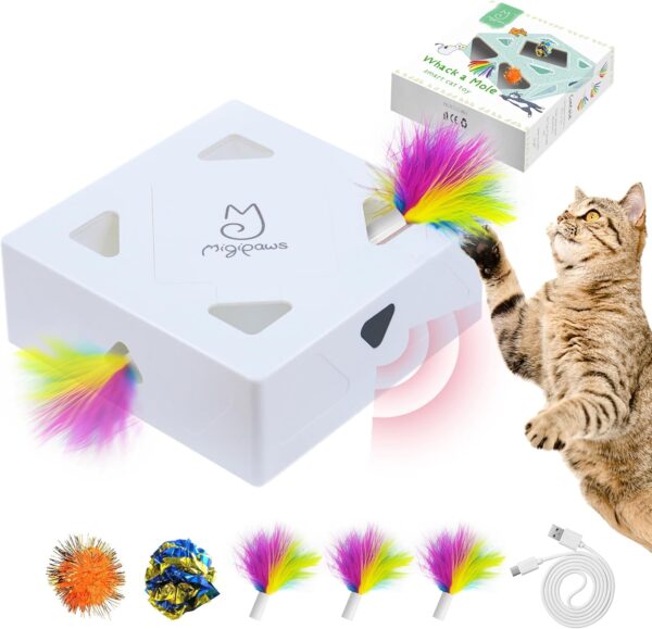 Migipaws Cat Toys, Interactive Automatic 7 Holes Mice Whack-A-Mole, Ultra Fun Smart Teaser Toy for Indoor Cats, USB Rechargeable, 4 Pieces Feather Refills