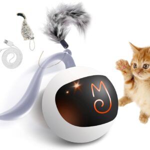 Migipaws Interactive Cat Ball Toy Set, Fun Tracker, Automatic Rolling Chase Ball with Fluffy Tail, A Small Mice, Rechargeable（White）