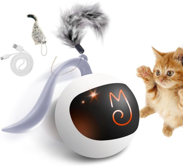 Migipaws Interactive Cat Ball Toy Set, Fun Tracker, Automatic Rolling Chase Ball with Fluffy Tail, A Small Mice, Rechargeable（White）