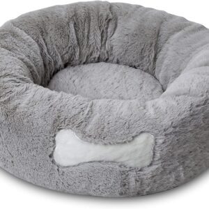 Mikki Dog, Cat, Puppy, Kitten Ultra Soft Grey Faux Fur Calming Donut Bed Round Cushion Cuddler - Small