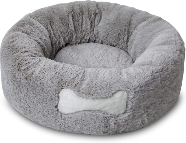 Mikki Dog, Cat, Puppy, Kitten Ultra Soft Grey Faux Fur Calming Donut Bed Round Cushion Cuddler - Small