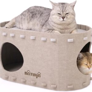 NATUYA Cat Cave Bed for Indoor Cats, Cat Tunnel House for Multiple & Large Cats Up to 10KG, Scratch Resistant Felt Cat Caves, Foldable Cat Hideaway Bed