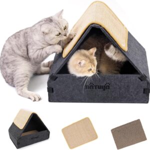 NATUYA Cat Scratcher House with Cardboard Sisal Scratching Pad, Indoor Cat Hideaway Box Bed for Kittens Play Nap Scratch, Detachable & Easy Assembly