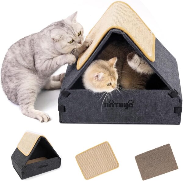 NATUYA Cat Scratcher House with Cardboard Sisal Scratching Pad, Indoor Cat Hideaway Box Bed for Kittens Play Nap Scratch, Detachable & Easy Assembly