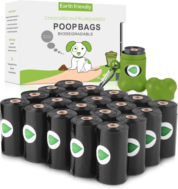 Nestling Biodegradable Thicker Dog Poop Bags with Dispenser 300 Dog Waste Bags Thick Strong Made from Corn Starch Plants Based (Black)