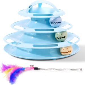 Nobleza Cat Toys, Cat Roller Toy Upgraded with Glow Ball Cat Mint Ball Bell Ball, Fun 4 Layers Cat Toys Interactive for Indoor Cats Adult, with 3 Colorful Teaser Balls & 1 Cat Feather Wand Toy, Blue