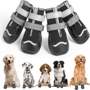 OHCOZZY Waterproof Dog Shoes, Anti-Slip Dog Boots with Reflective Straps, Wear-resistant Rubber Sole Dogs Paw Protector for Small Medium Large Dogs 4 Pcs(L,Black)