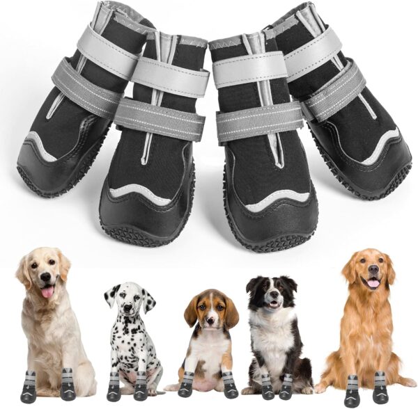 OHCOZZY Waterproof Dog Shoes, Anti-Slip Dog Boots with Reflective Straps, Wear-resistant Rubber Sole Dogs Paw Protector for Small Medium Large Dogs 4 Pcs(L,Black)