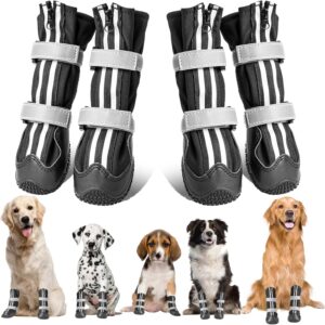 OHCOZZY Zippered Dog Shoes with Reflective Straps, High Dog Boots Waterproof Easy to Wear, Alti-slip Rubber Sole Dogs Paw Protector for Small Medium Large Dogs 4 Pcs(L, Black)