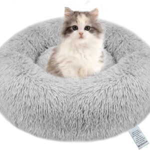 OKPOW Donut Cat Bed Small - 50cm Calming Anti Anxiety Kitten Beds Washable Soft Warm Plush Fleece Fluffy Soothing Pet Cushion Round Orthopedic Relief Improved Sleeping Cat Bed for Indoor Cats