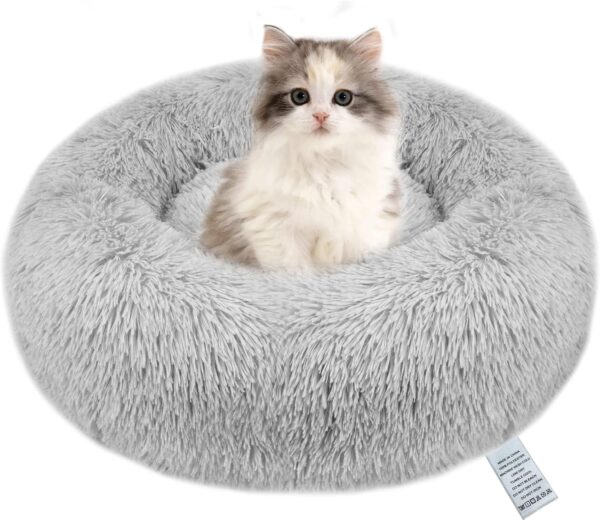 OKPOW Donut Cat Bed Small - 50cm Calming Anti Anxiety Kitten Beds Washable Soft Warm Plush Fleece Fluffy Soothing Pet Cushion Round Orthopedic Relief Improved Sleeping Cat Bed for Indoor Cats