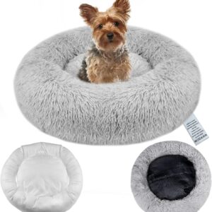 OKPOW Donut Dog Bed Small Washable - 50cm Dog Bed with Removable Cover Anti Anxiety Calming Cosy Fluffy Plush Puppy Kitten Round Super Soft Snuggle Pet Cat Beds for Indoor Cats Light Grey