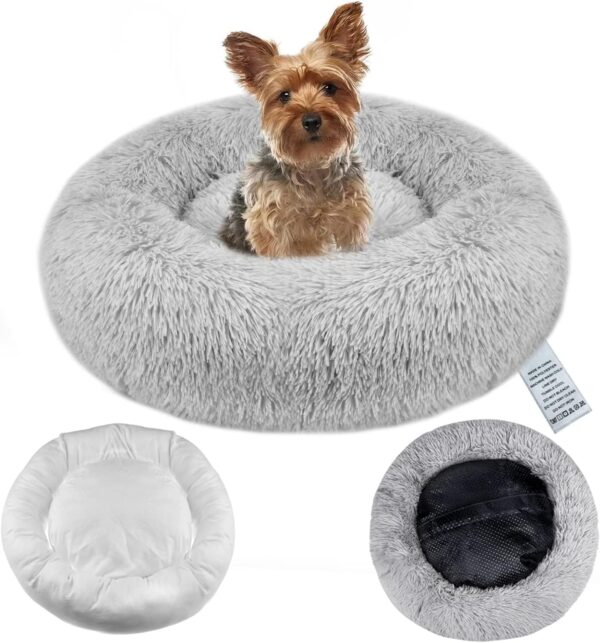 OKPOW Donut Dog Bed Small Washable - 50cm Dog Bed with Removable Cover Anti Anxiety Calming Cosy Fluffy Plush Puppy Kitten Round Super Soft Snuggle Pet Cat Beds for Indoor Cats Light Grey