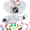 Odoland Large Cat Tunnel Toy with Plush Cat Bed, Foldable Pet Tunnel Bed for Indoor, Multifunctional Cat Donut Tunnel with Ball & Peek Holes, Cat Toys, Crinkle Play Tunnel Tube for Cat - Grey