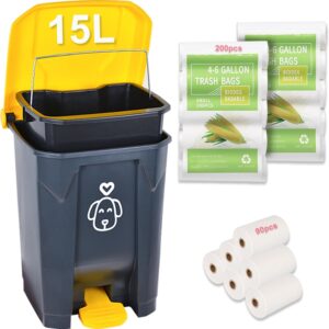 Outdoors Dog Poop Trash Can with Lid & 290PCS Biodegradable Waste Bags, Cute Dog Waste Trash Can for Yard, Home, Garden, Kitchen, 15 Litre Removable Inner Bin, Plastic, G&Y, GB