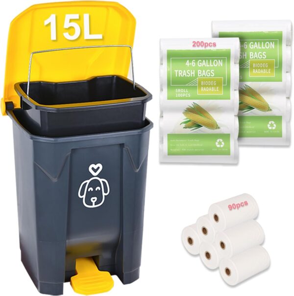 Outdoors Dog Poop Trash Can with Lid & 290PCS Biodegradable Waste Bags, Cute Dog Waste Trash Can for Yard, Home, Garden, Kitchen, 15 Litre Removable Inner Bin, Plastic, G&Y, GB