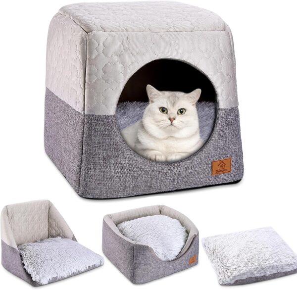 Ownpets Cat Bed for Indoor Cats, 3-in-1 Foldable Cat Cave Bed Cat Houses with Removable Washable Cushion Soft and Self Warming Cat Tent for Small Pets & Small Dogs, 35 * 35 * 32cm(Grey)