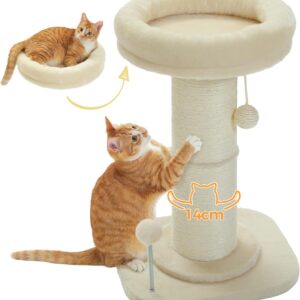 PAWZ Road Cat Scratching Post, Tall Cat Scratcher for Indoor Cats with Super Thick Scratching Post [Dia=14cm], Removable Fluffy Cat Bed, Cat Scratch Post with Spring Ball, Beige