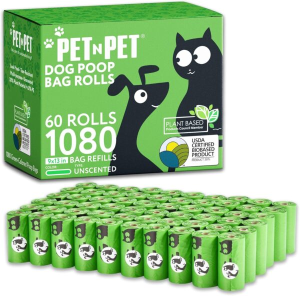 PET N PET 1080 Counts Poo Bags Dogs, USDA Certified 38% Biobased Dog Poop Bags Rolls, 60 Large Poo Bags, Thick Dog Poo Bags Pea Green