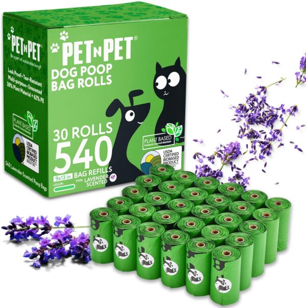 PET N PET 540-Count Scented Dog Poop Bags Rolls: USDA Certified, 38% Biobased for Poo Bags Dogs Waste Disposal.