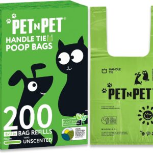 PET N PET Dog Poo Bags with Easy-tie Handles, Unscented Leak Proof Dog Bags for Poop, Certified 38% Biobased Dog Waste Bag Measures 8 x 15 Inches, Cornstarch