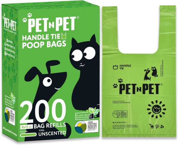 PET N PET Dog Poo Bags with Easy-tie Handles, Unscented Leak Proof Dog Bags for Poop, Certified 38% Biobased Dog Waste Bag Measures 8 x 15 Inches, Cornstarch