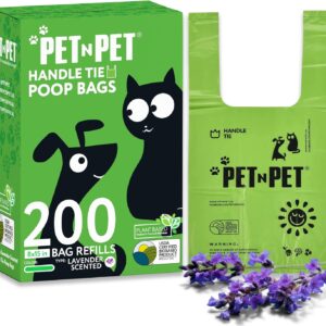 PET N PET Dog Poop Bags with Tie Handles - 200 Counts Lavender Scented - USDA Certified 38% Biobased - 8" x 15" Poo Bags Dogs - Completely Leak Proof Doggy Poop Bag