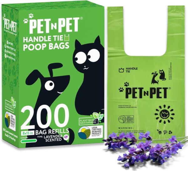 PET N PET Dog Poop Bags with Tie Handles - 200 Counts Lavender Scented - USDA Certified 38% Biobased - 8" x 15" Poo Bags Dogs - Completely Leak Proof Doggy Poop Bag