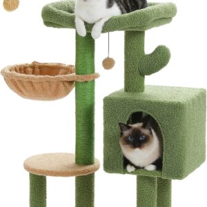 PETEPELA 90cm Cactus Cat Tree, Cute Cat Tower Cat Condo for Indoor Cats Large Padded Perch, Comfy Hammock, Cat Scratching Post, and Dangling Ball, for Small-Medium Cats, Green