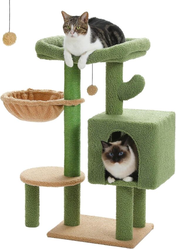 PETEPELA 90cm Cactus Cat Tree, Cute Cat Tower Cat Condo for Indoor Cats Large Padded Perch, Comfy Hammock, Cat Scratching Post, and Dangling Ball, for Small-Medium Cats, Green