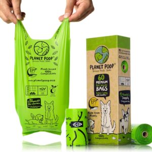 PLANET POOP Home Compostable Dog Poo Bags Extra-long with Handles 60 Biodegradable Un-Scented Pet Waste Bags Plastic Free, Thick Leakproof Plant-Based Doggy Bag, Eco Cat & Dogs Earth Friendly Supplies