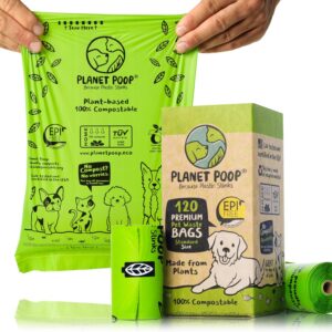 PLANET POOP Home Compostable Dog Poo Bags on Refill Rolls, 120 Biodegradable Un-Scented Pet Waste Bags 100% Plastic Free, Thick Leakproof Plant-Based Doggy Bag, Eco Cat & Dogs Earth Friendly Supplies