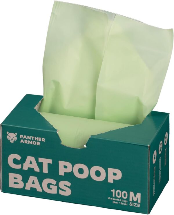 Panther Armor Cat Litter Bags for Poop, 100x Unscented Pet Waste Bags, 13x9in Kitty Litter Bags, Leak Proof, Odor Proof, Easy Tear, Comes in Dispenser Box