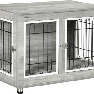 PawHut Dog Crate Furniture, Side End Table, Indoor Dog Kennel with Soft Washable Cushion, Wire Mesh, Large Top, for Medium and Large Dogs,90 x 58 x 65, Grey