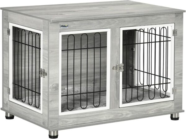 PawHut Dog Crate Furniture, Side End Table, Indoor Dog Kennel with Soft Washable Cushion, Wire Mesh, Large Top, for Medium and Large Dogs,90 x 58 x 65, Grey